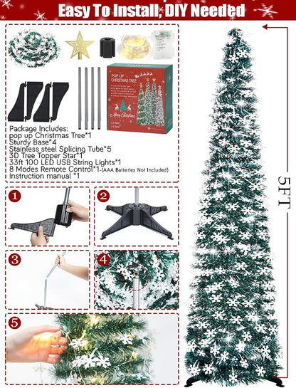 5 ft Pop Up Christmas Tree with Lights – Collapsible Tinsel Pencil Tree with Snowflake Ornaments