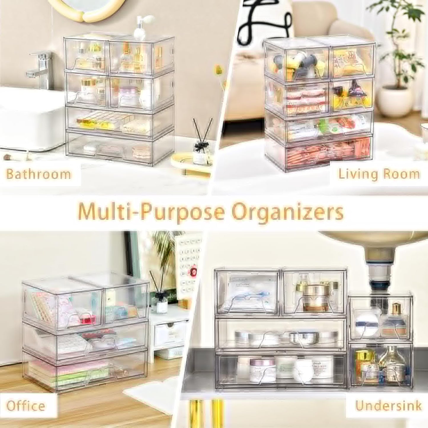 Stebopum Clear Acrylic Storage Drawers - 4 Pack Stackable Makeup Organizer for Bathroom & Vanity