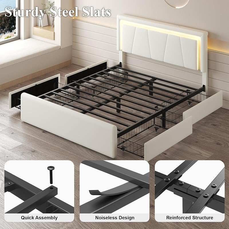 Full Size Bed Frame with 4 Storage Drawers, Upholstered Headboard, White - Variation: White+Full