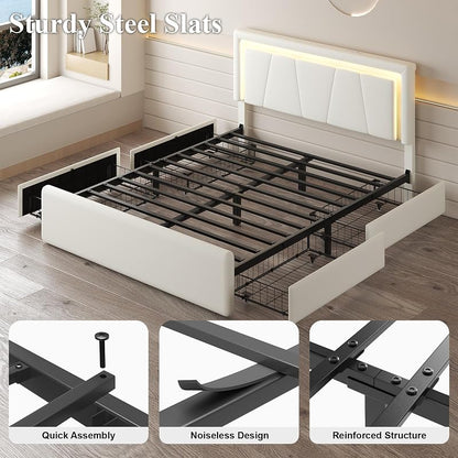 Full Size Bed Frame with 4 Storage Drawers, Upholstered Headboard, White - Variation: White+Full