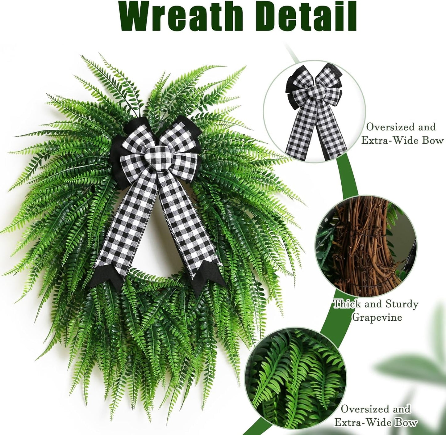 Skiennix 22" Boston Fern Leaf Wreath - Spring & Summer Greenery for Front Door Decor