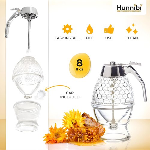Hunnibi 8oz No Drip Glass Honey Dispenser - Honeycomb Syrup Server with Bee-Themed Stand