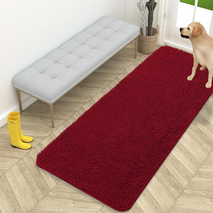 OLANLY Dog Door Mat - Absorbent Non-Slip Washable Chenille Mat for Muddy Paws | 59x24 Red