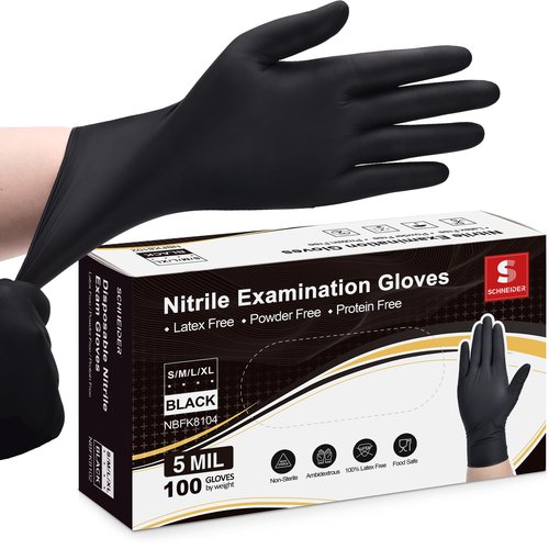 Schneider Nitrile Exam Gloves, Black, Medium, Box of 100, 5 Mil Thick Disposable Gloves, Powder Free, Latex Free, Non Rubber - for Medical, Cleaning & Cooking, Barbecue, Food Prep