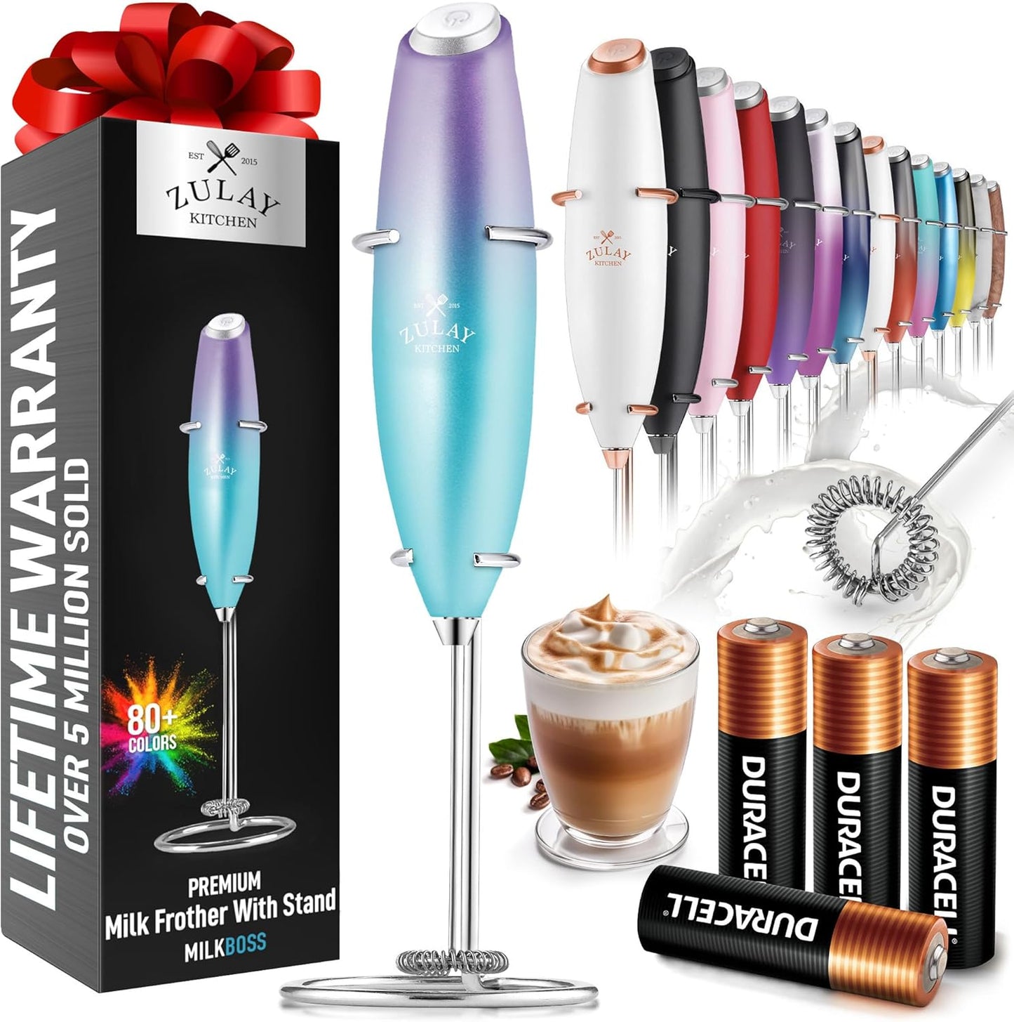 Zulay Kitchen Milk Frother Wand - Ultra-Fast Handheld Drink Mixer with 4 AA Batteries | Perfect for Coffee, Lattes & Cappuccino