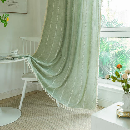 Deeprove Green Boho Curtains 63 Inches Length for Bedroom Kitchen, Cotton Linen Stripes Embroidery Weighted, Bohemian Farmhouse Window Treatment Drape Tassels 1 Panel W52 x L63 Sage