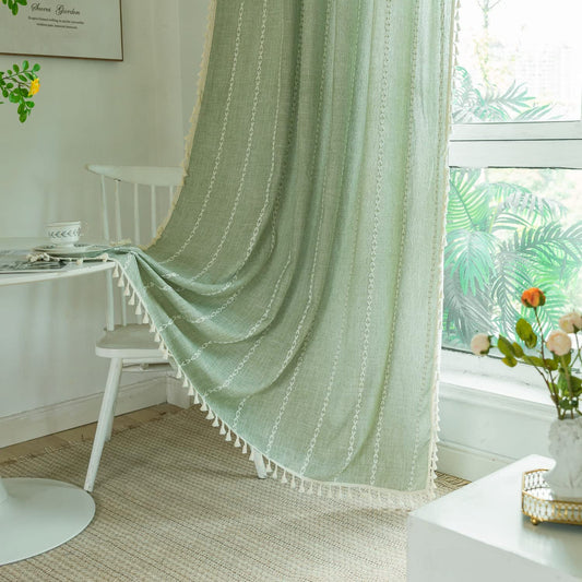 Deeprove Green Boho Curtains 63 Inches Length for Bedroom Kitchen, Cotton Linen Stripes Embroidery Weighted, Bohemian Farmhouse Window Treatment Drape Tassels 1 Panel W52 x L63 Sage