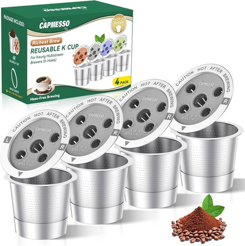 CAPMESSO Reusable K Cups for Keurig - 4 Stainless Steel Coffee Pods with 5-Hole Filters | BPA-Free & Durable