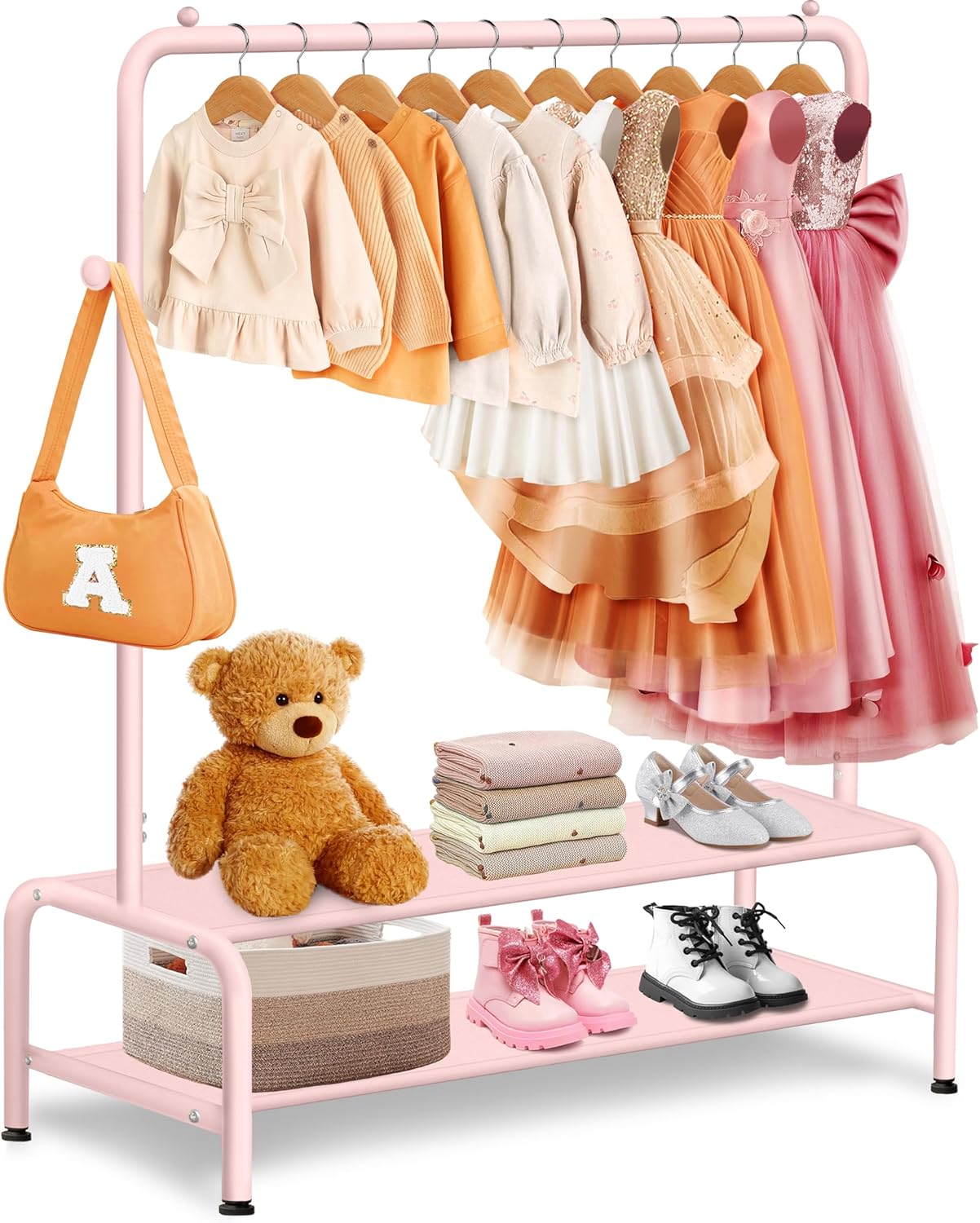 Mirolam Kids Clothing Rack - Dress Up Storage for Little Girls - Small Costume Wardrobe with 2 Fabric Shelves | Princess Room Decor