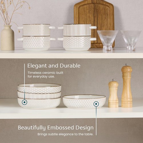 KooK Ceramic Pasta Bowls - Large Capacity Serving Bowls for Stews & Salads | Set of 4, Ivory with Dark Copper Accents, 40 oz