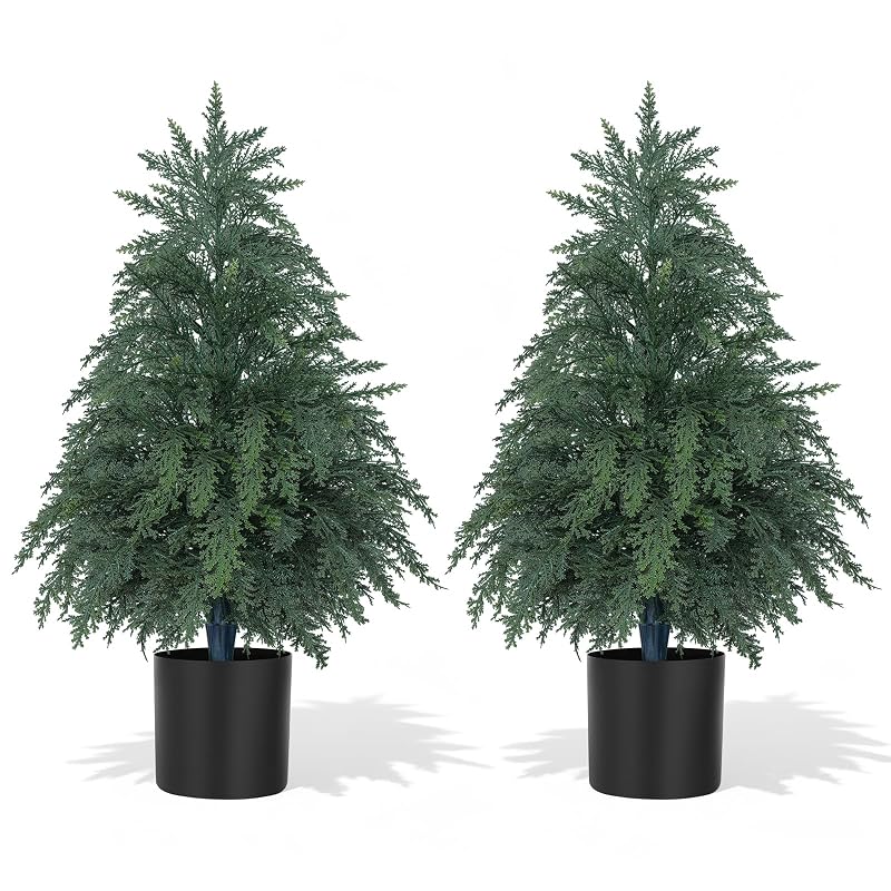 2FT Artificial Topiary Cedar Trees with Pot – 2 Pack, Faux Plants