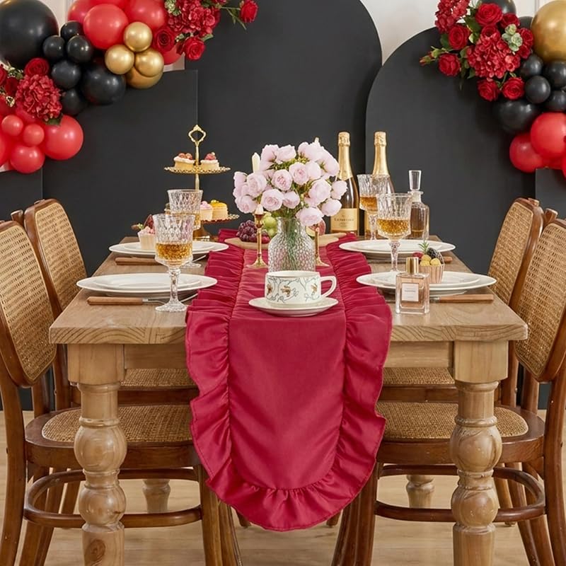 SoarDream Red Christmas Satin Ruffle Table Runner 14x118 Inch - 1 Pack