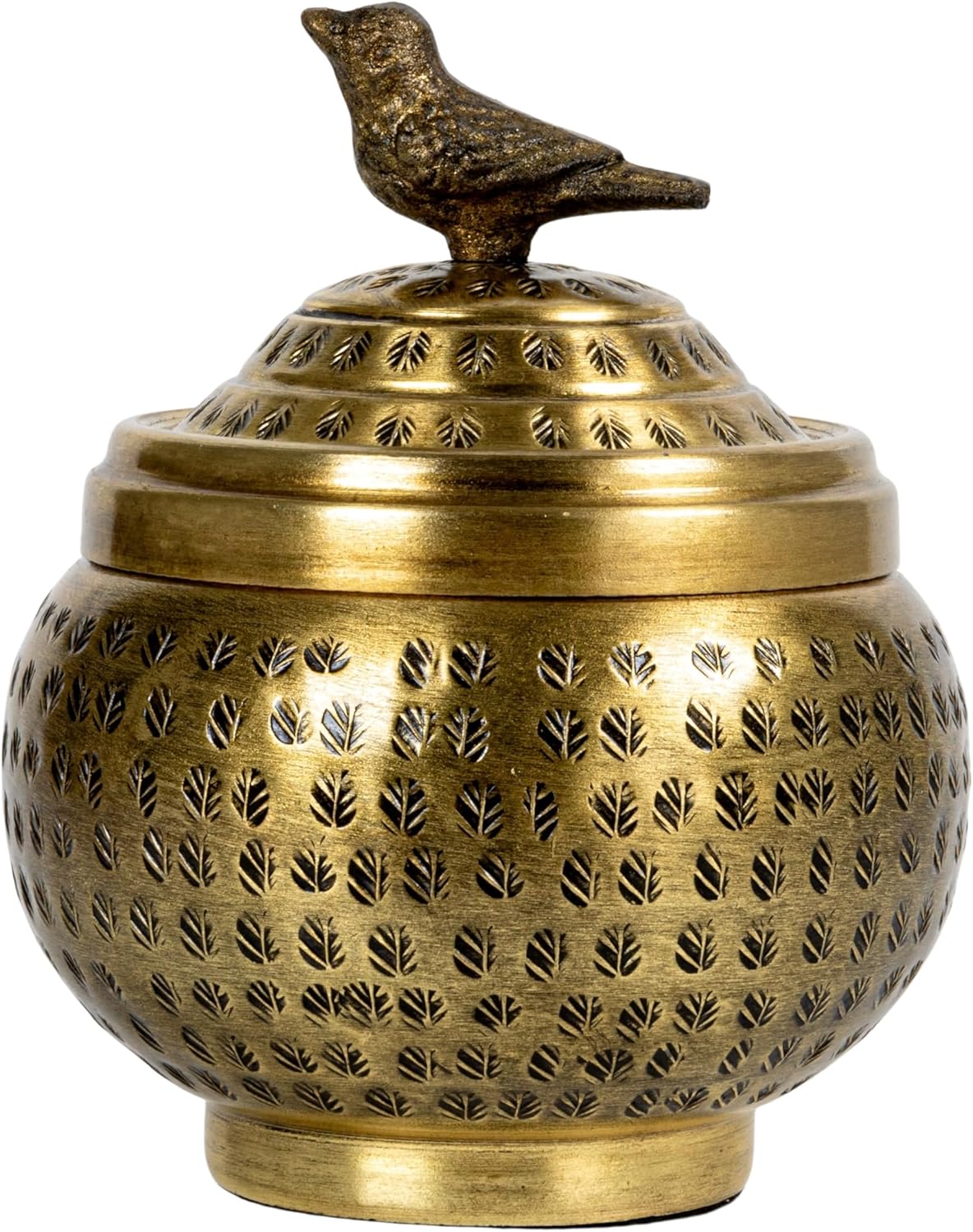 Regine Switzerland Round Hammered Metal Container - Elegant Bird Finial in Brass Finish