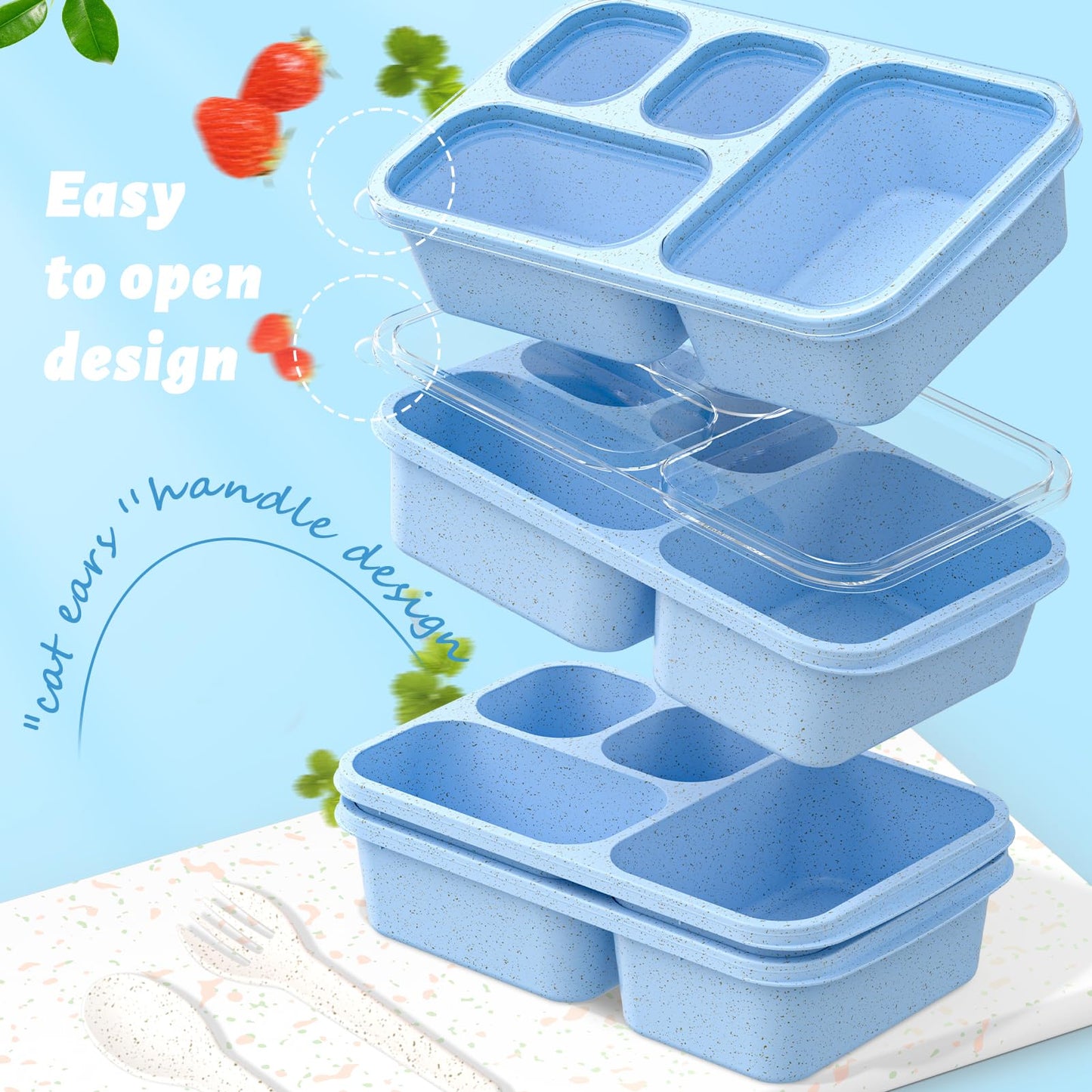 Bento Box for Adults and Snack Containers Set of 4 - Stackable, with 4 Compartments, Microwave & Dishwasher Safe, BPA Free - Reusable Meal Prep Containers for Kids and Adults (Blue)