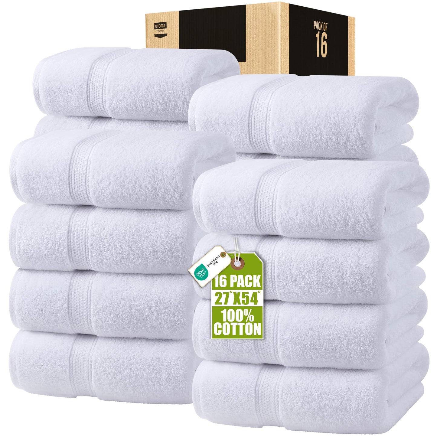 Utopia Towels 16 Pack Premium Bath Towels Set, 27 by 54 Inches, 100% Ring Spun Cotton 600GSM, Lightweight and Highly Absorbent Quick Drying Towels, Perfect for Daily Use, White