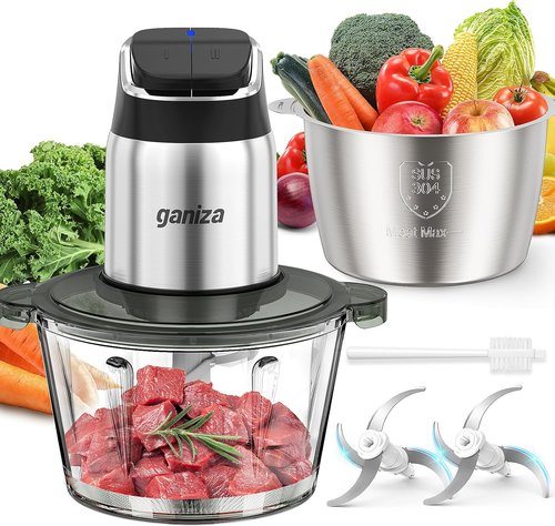 Ganiza Food Processor - 2-Speed Meat Grinder with 8-Cup Stainless Steel & Glass Bowls | Smart Overheat Protection