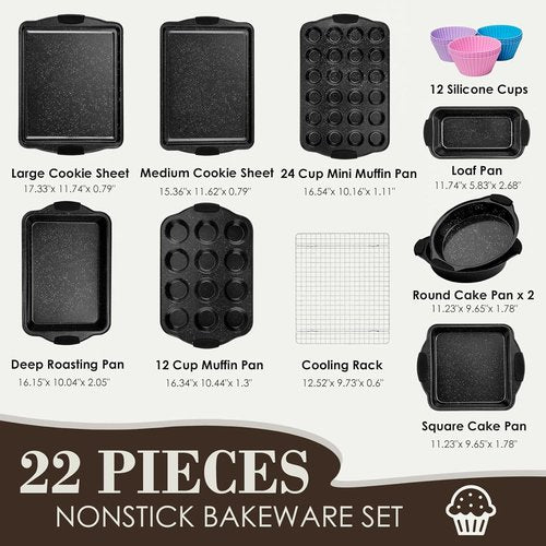 AIVIKI Nonstick Baking Pans Set - 22 Pieces Stackable Bakeware with Silicone Handles | Black