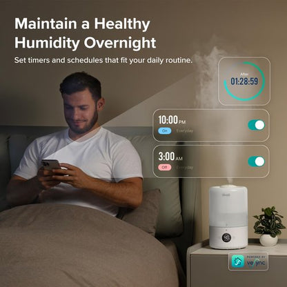 LEVOIT Smart Cool Mist Top Fill Humidifiers for Bedroom with Sensor, Auto Humidity Setting, APP & Voice Control, Essential Oil Diffuser, Ultra Quiet Operation, Super Easy Top Fill, 3L, White