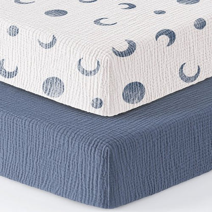 Bearmoss Muslin Crib Sheets 100% Cotton Baby Crib Sheets Soft&Breathable Nursery Sheet 52"x28" for Standard Crib Mattress&Toddler Bed Mattress - 2 Pack (Blue Crescent)