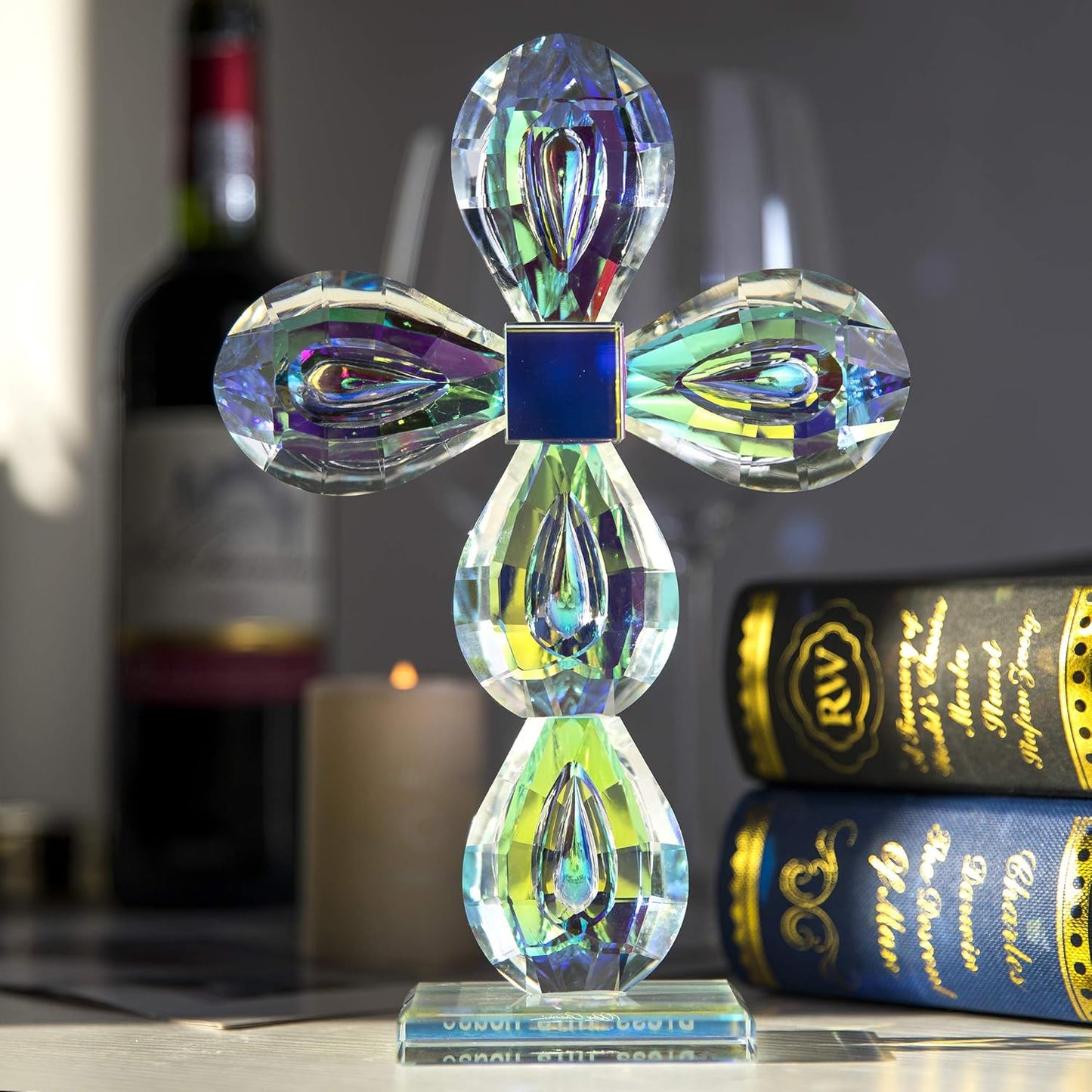 QFkris Crystal Standing Cross Figurine - Elegant 8.5-Inch Glass Tabletop Decor Gift for Women