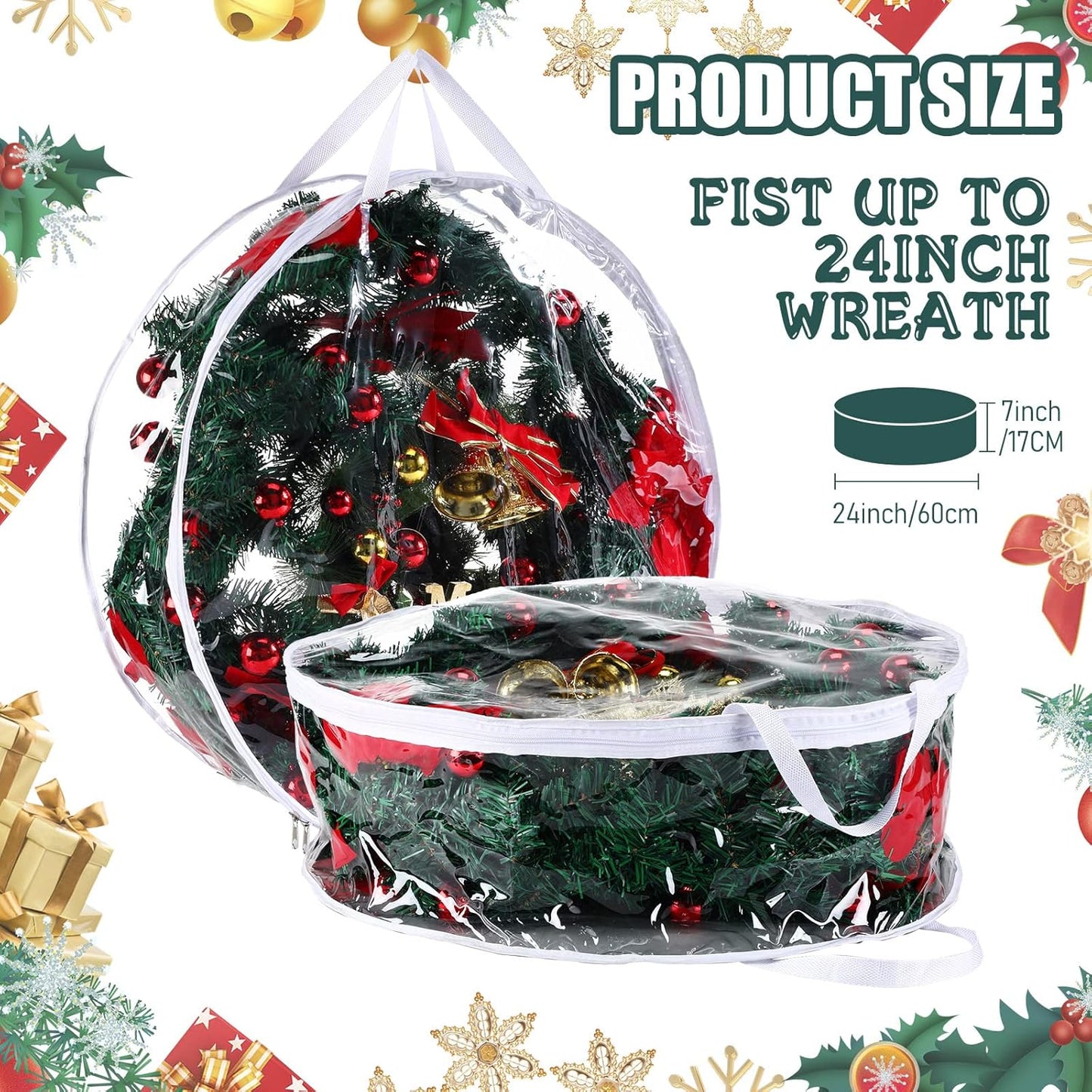 Shappy Clear Christmas Wreath Storage Bag - 24-Inch Wreath Container with Dual Zippers & Reinforced Handles