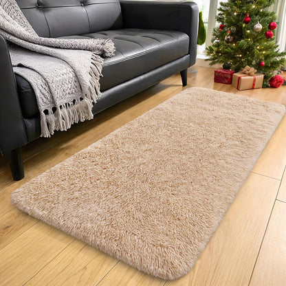 OLANLY 2x12 Machine Washable Runner Rugs for Hallway, Soft Fluffy Shaggy Bedside Rugs for Bedroom, Living Room, Indoor Floor Carpet for Kids Girls and Boys, Nursery Rooms, Home Decor Aesthetic, Beige