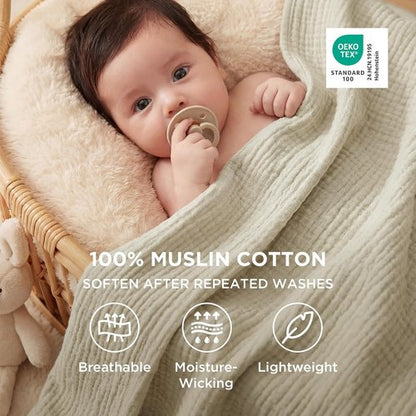 Bedsure 100% Cotton Muslin Blanket - Large 50x70 Inches, Soft & Breathable 4-Layer Throw in Linen Beige for Couch Decor & Travel