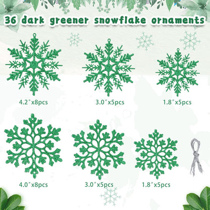 Skiennix Dark Green Christmas Snowflake Ornaments - 36Pcs Glitter Hanging Decor for Holiday Home & Winter Parties
