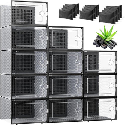 Kuject Activated Charcoal Shoe Organizer - 12 Pack XL Clear Stackable Storage Boxes | Dustproof Sneaker Display Containers for Closet & Entryway