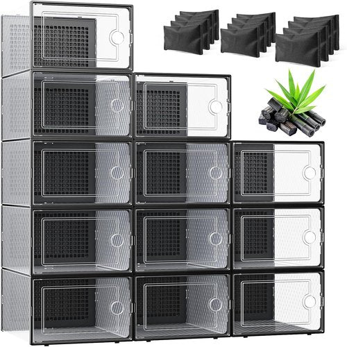 Kuject Activated Charcoal Shoe Organizer - 12 Pack XL Clear Stackable Storage Boxes | Dustproof Sneaker Display Containers for Closet & Entryway