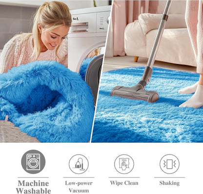 OLANLY Bright Blue Round Rug - Soft, Fluffy, Machine Washable 9 ft Circle Area Rug for Bedroom & Living Room