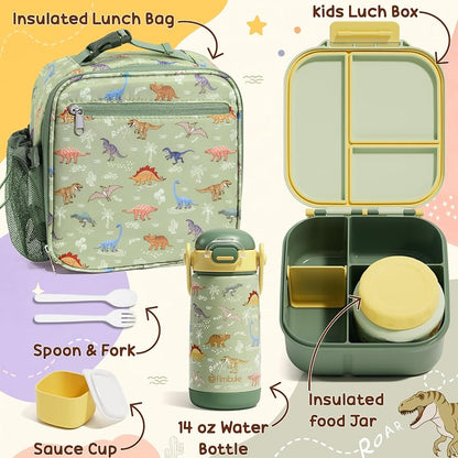 Fimibuke Kids Bento Lunch Box Set with Insulated Bottle, Bag & Utensils - Dinosaur Variation