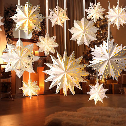 12pcs Christmas Snowflake Paper Lanterns with LED Lights - White