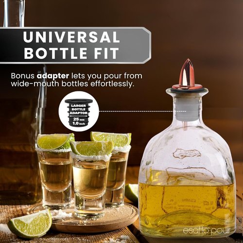 ESATTO 12 Pack Classic Bottle Pourers, Liquor Pourers for Alcohol, Olive Oil, Bartender Accessories Includes 4 Liquor Pourer Adapters for Large Neck Bottles such as Patron Don Julio Tequila (Copper)