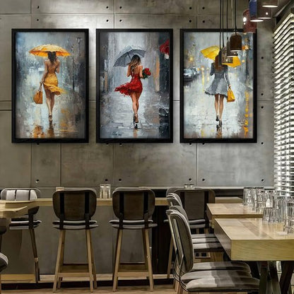 JIMUJIA 3-Piece Canvas Art - Abstract Yellow & Red Umbrella City Scene | Framed Wall Decor 16x24 Inch