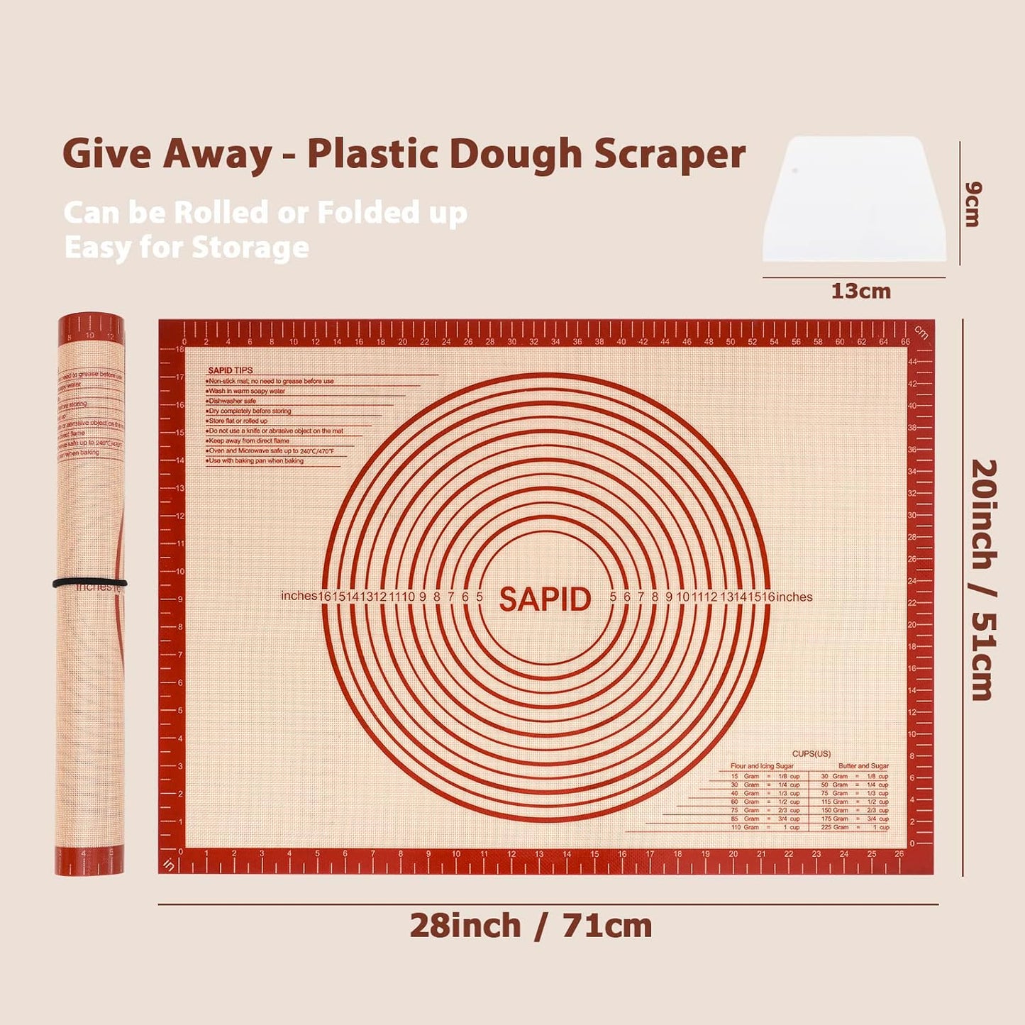 Sapid Extra Thick Silicone Pastry Mat - Non-Slip Baking Mat with Measurements | Extra Large 20" x 28", Red