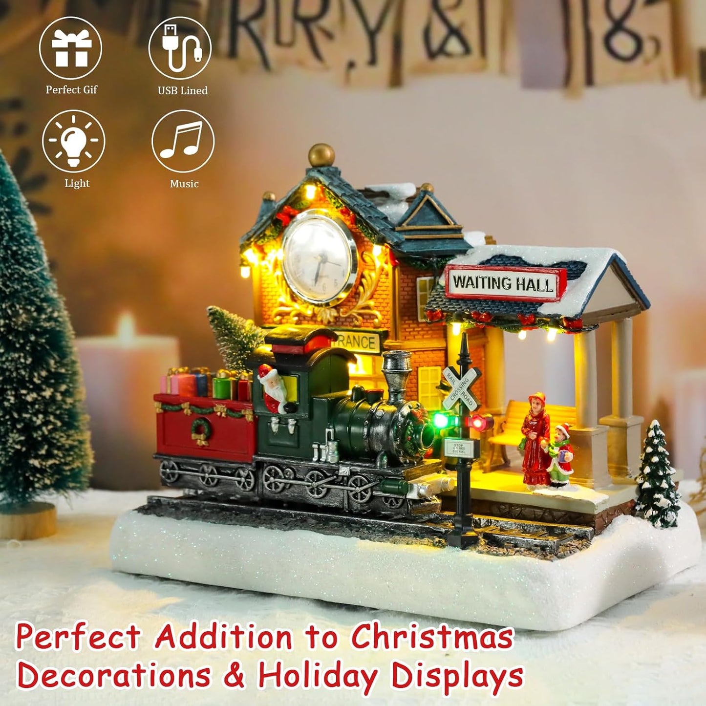VCUTEKA Animated Christmas Village Train Station - Lighted Musical Santa Decor for Holiday Display