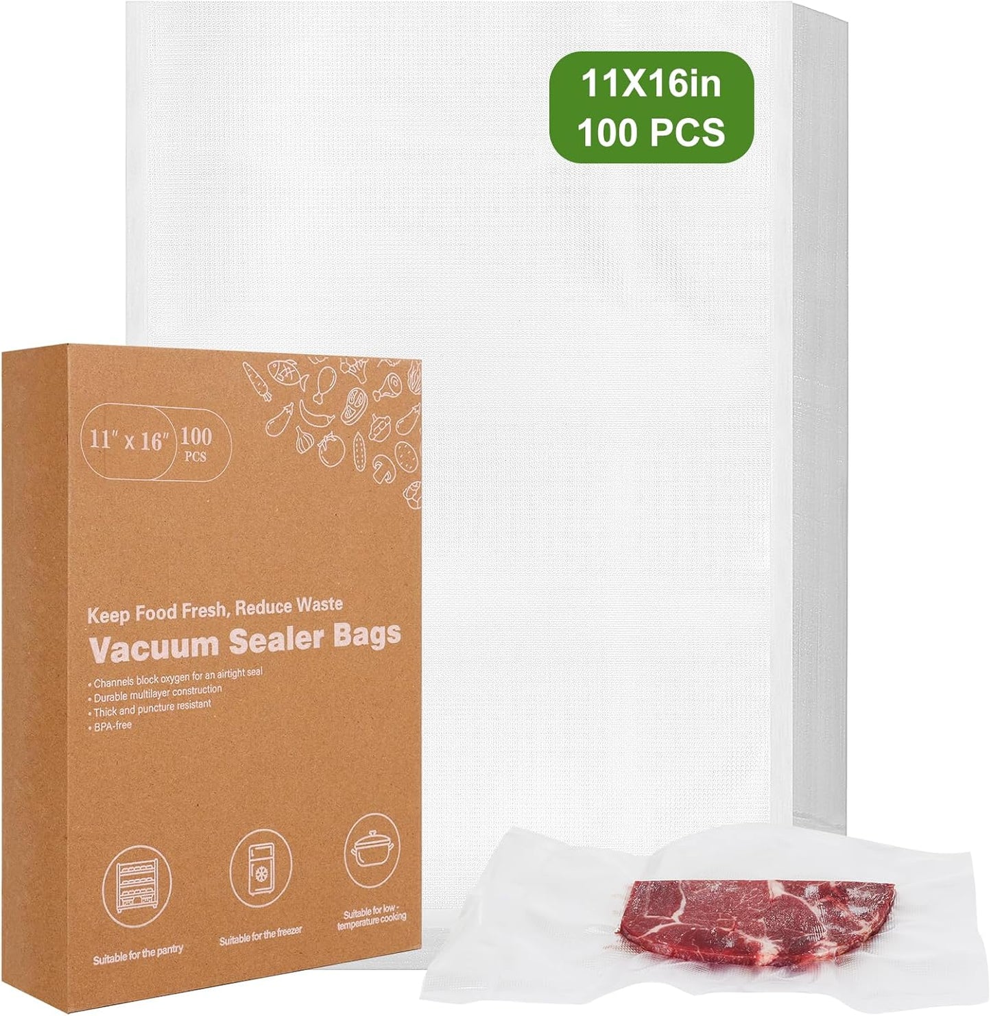 Moretoes Vacuum Sealer Bags - 100pcs BPA-Free Gallon Size 11" x 16" | Pre-Cut Commercial Grade for Food Storage & Meal Prep