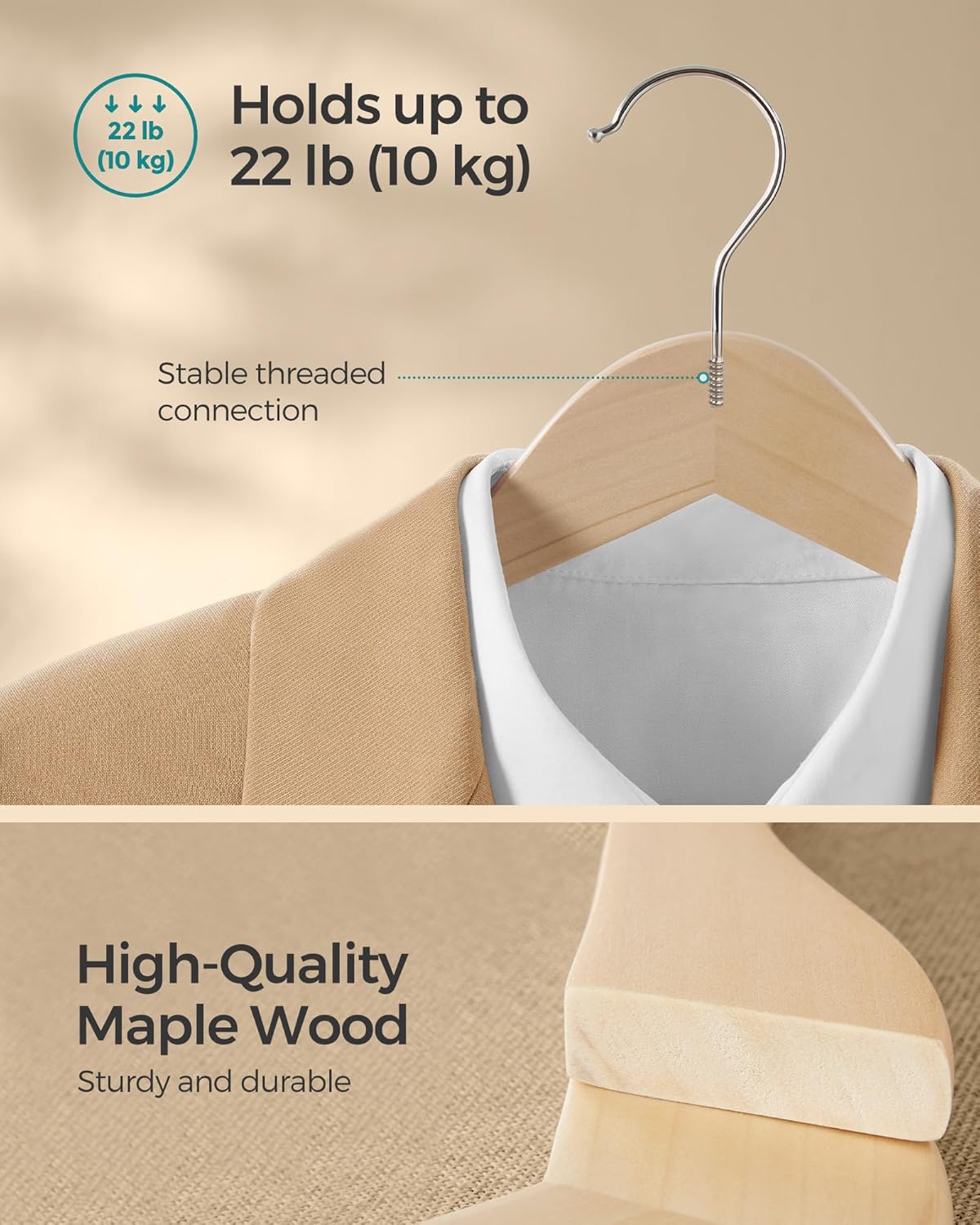 SONGMICS Wooden Hangers - Non-Slip Coat Hangers with Pants Bar & 360° Swivel Hooks | Pack of 24