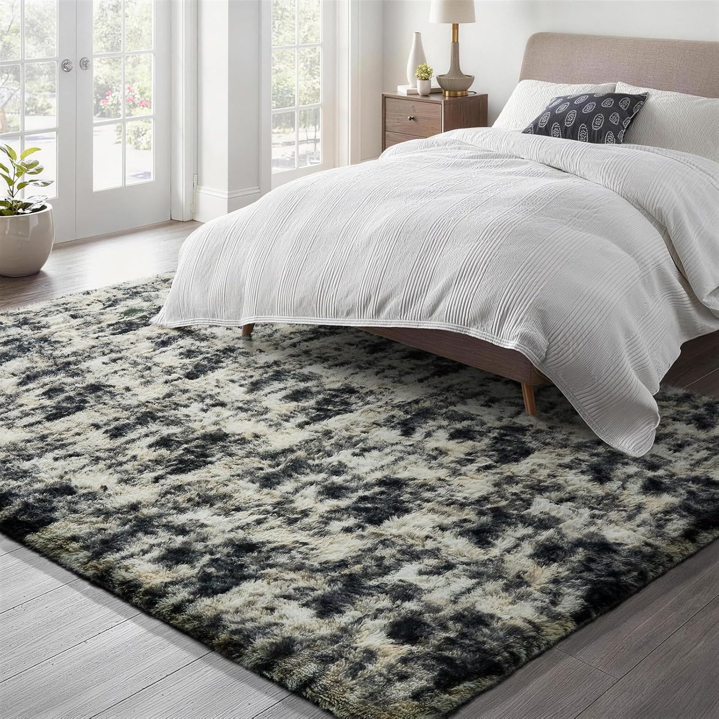 Ophanie Area Rug - Fluffy Black, Gold & Grey Shag Carpet for Living Room | 5x7 Soft Plush Design