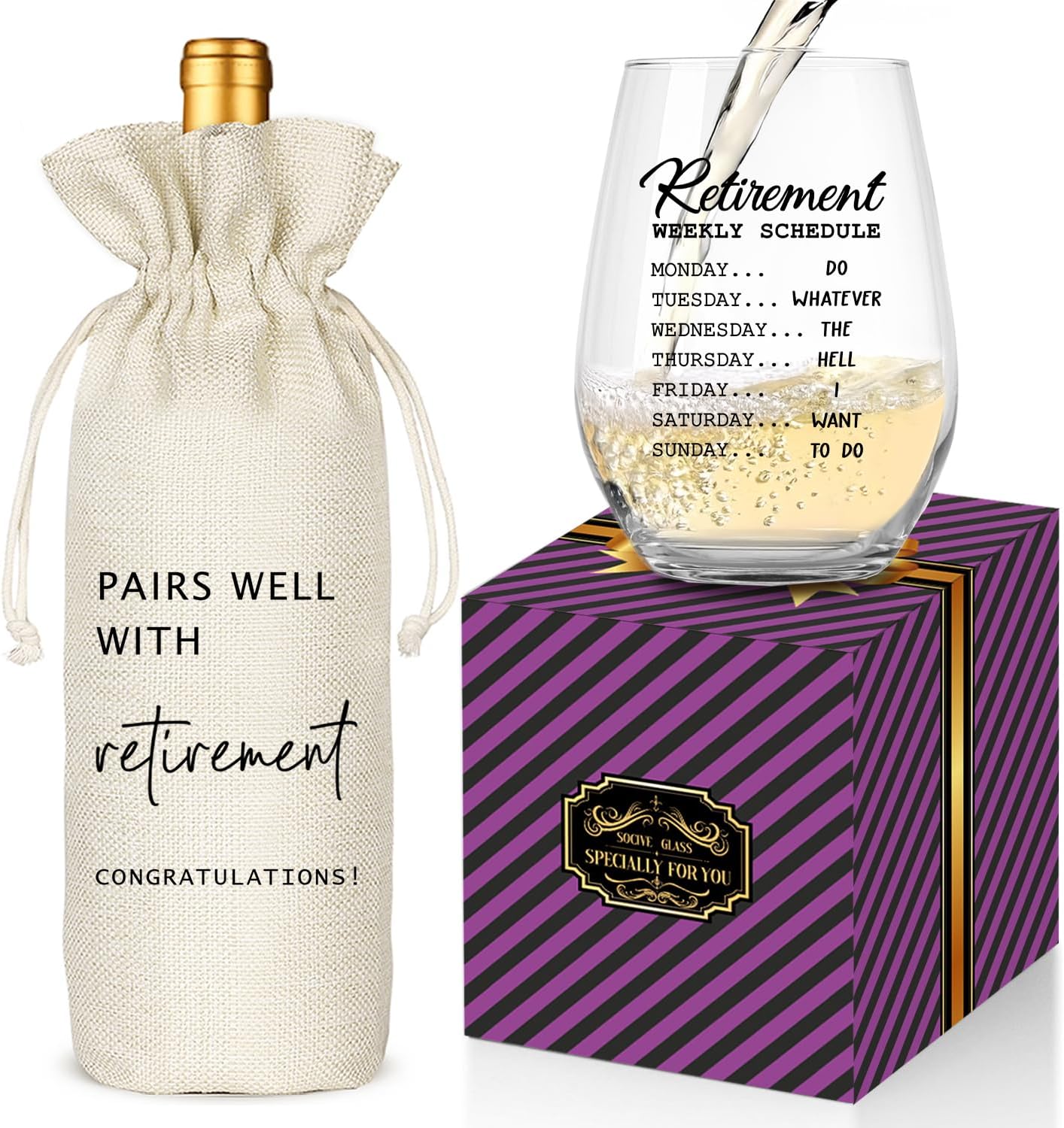 Retirement Gifts for Women Men, Funny Retirement Wine Glass and Wine Bag Set, Best Retired Gifts for Friends Cowkers Doctors Nurses Teachers Boss-PAIRS WELL WITH RETIREMENT