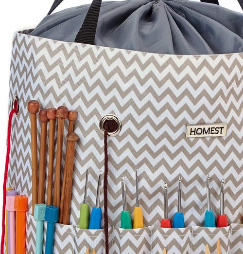 HOMEST Large Crochet Bag - Customized Front Compartment for Yarn Storage | 6 Oversized Grommets, Drawstring Closure