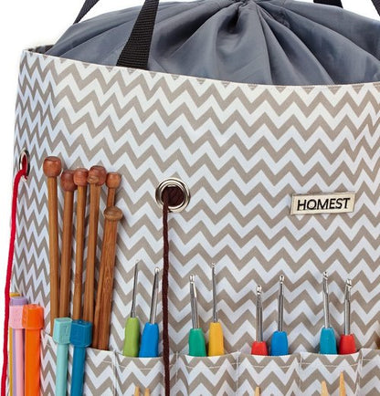 HOMEST Large Crochet Bag - Customized Front Compartment for Yarn Storage | 6 Oversized Grommets, Drawstring Closure