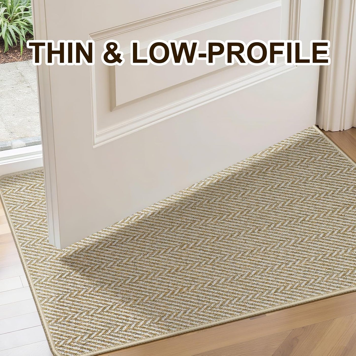 Skiennix Ultra Thin Indoor Door Mat - Non-Slip Rubber Backing | Herringbone Design, 17"x29", Beige