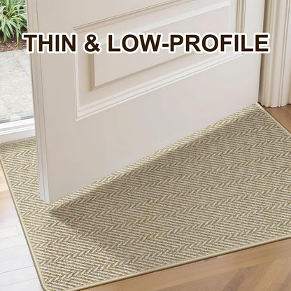 Skiennix Ultra Thin Indoor Door Mat - Non-Slip Rubber Backing | Herringbone Design, 17"x29", Beige