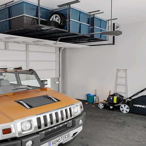 FLEXIMOUNTS Overhead Garage Ceiling Storage Rack - Adjustable Heavy-Duty Metal | 750lbs Capacity, Black