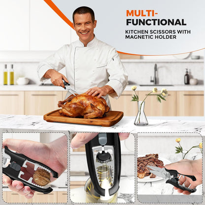 Skiennix Multifunctional Kitchen Scissors - Heavy-Duty Stainless Steel Shears with Magnetic Holder & Safety Lock