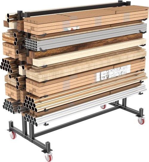 Lumber Storage Rack by [Brand Name] - 2000lbs Heavy Duty Freestanding Pipe Rack | 7 Tiers, Double-Sided Wood Shelves, 4 Silent Casters, Black - 59.84"L x 35.43"W x 65.74"H