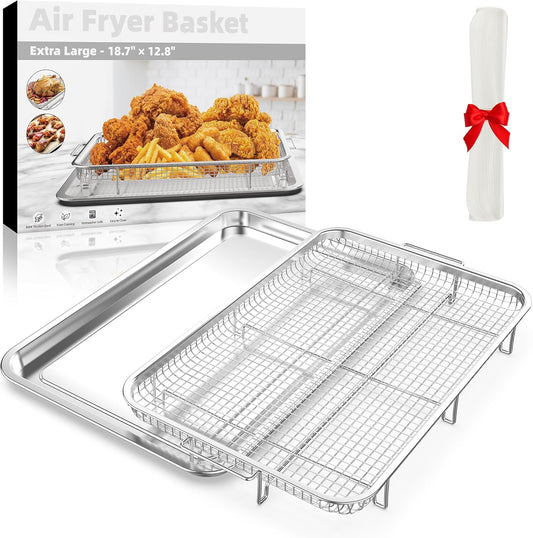 Air Fryer Basket - Extra Large 18.8" x 12.8" Stainless Steel Oven Tray Set with 30 Parchment Papers | Silver