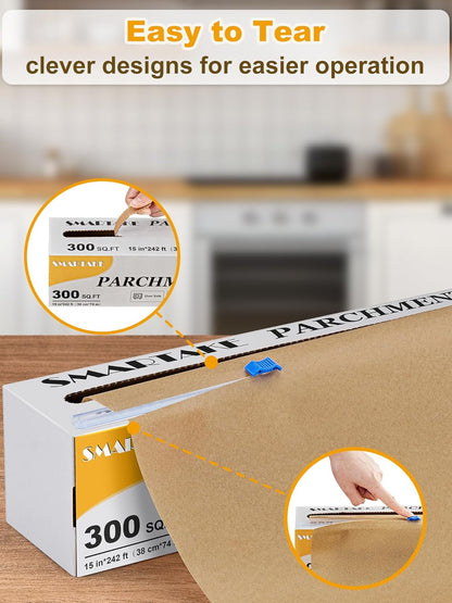 SMARTAKE Parchment Paper Roll - Non-Stick Baking Sheets with Slide Cutter | 15" x 242 ft, Heavy Duty Unbleached